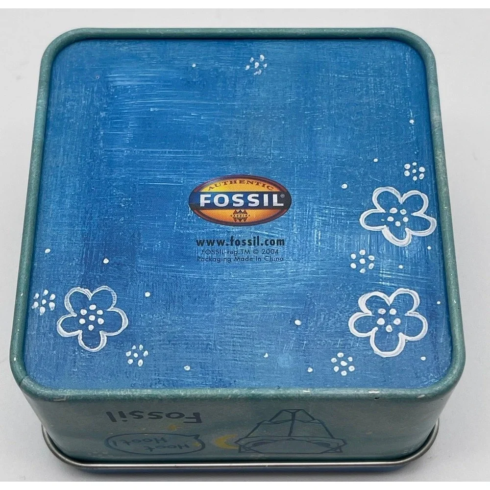 Vintage FOSSIL Watch Tin Blue Origami Owl Night Sky Collectible Box 2004 Y2K